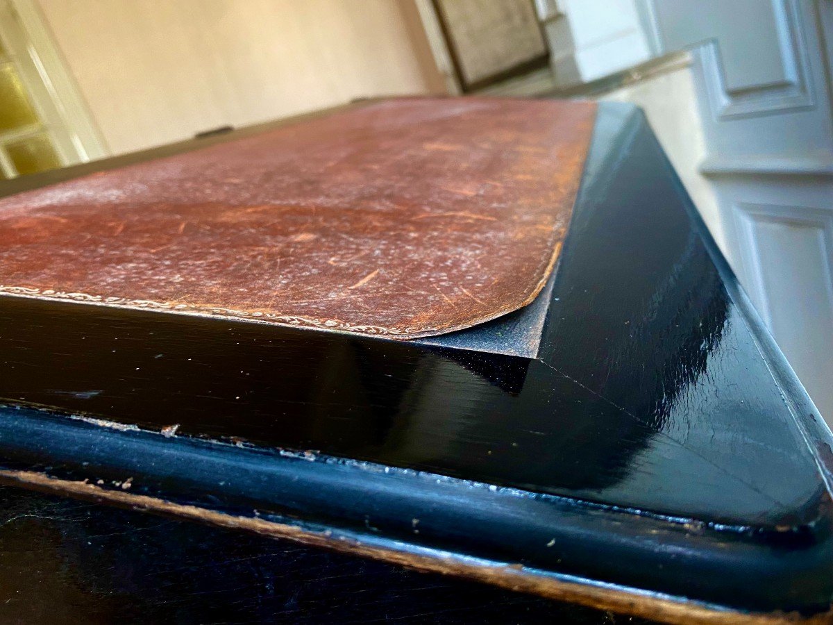 Cardboard Maker Forming A Desk. Blackened Pear Wood And Cognac Leather "moroccan Type". End Of The 19th Century.-photo-2