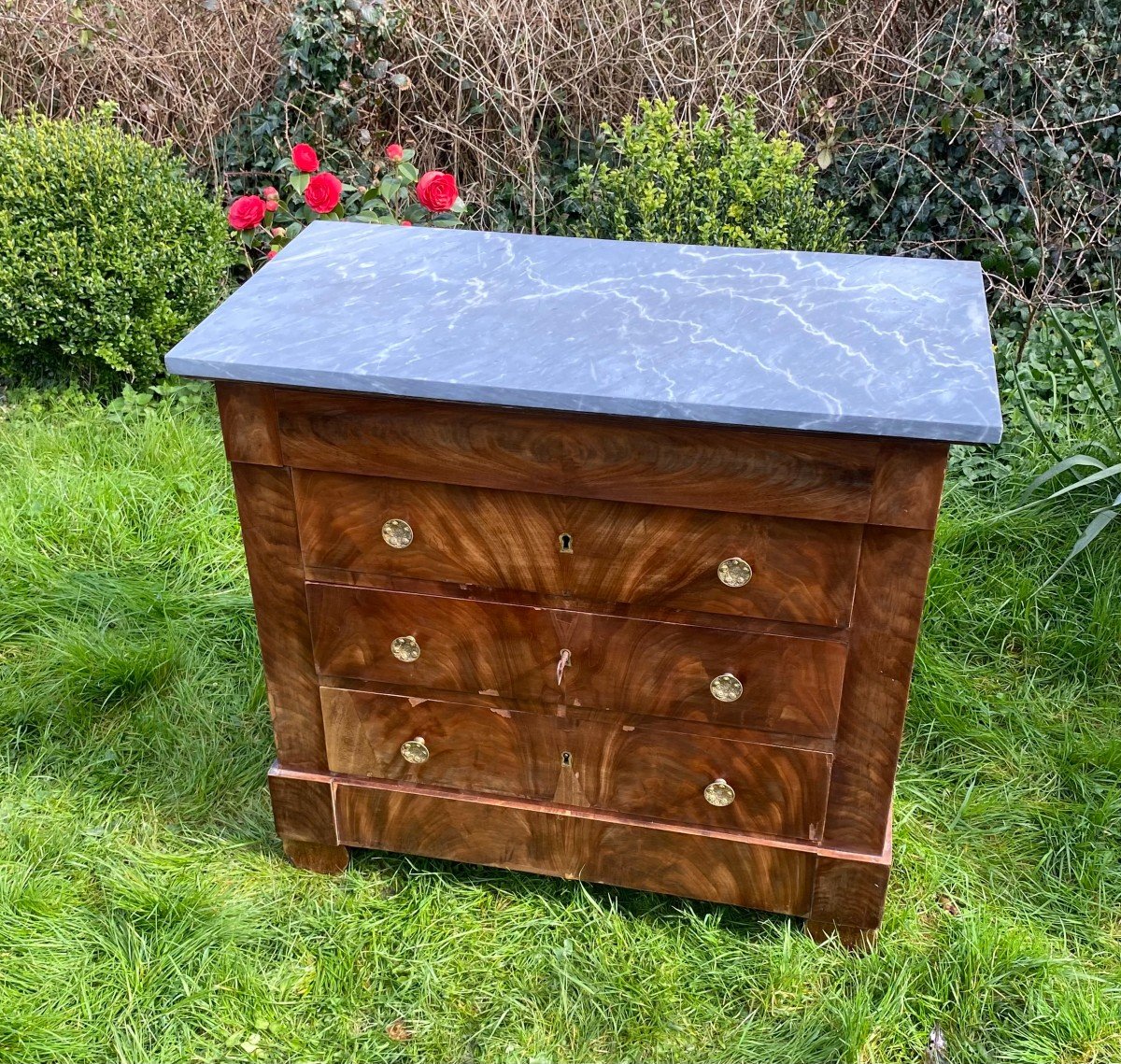 Restoration Period Chest Of Drawers. Mahogany Veneer And Bronzes. Around 1820. 19th Century-photo-4