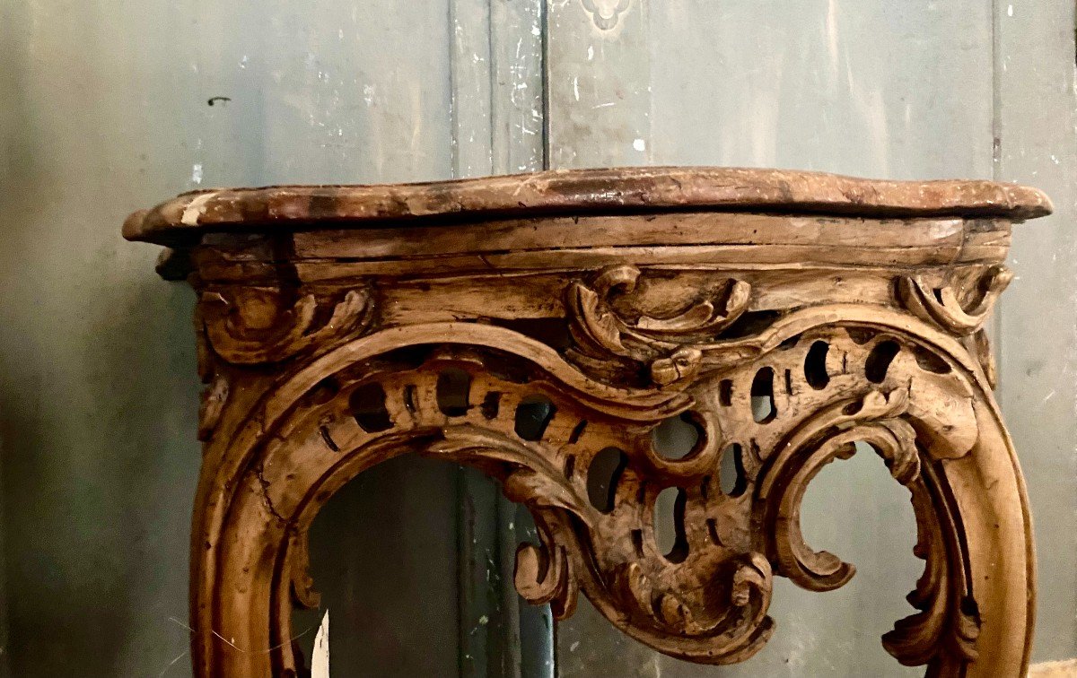 Gracieuse Console d'Applique En Bois Naturel Et Plateau Marbre Feint. Epoque Louis XV. Mi XVIII-photo-2