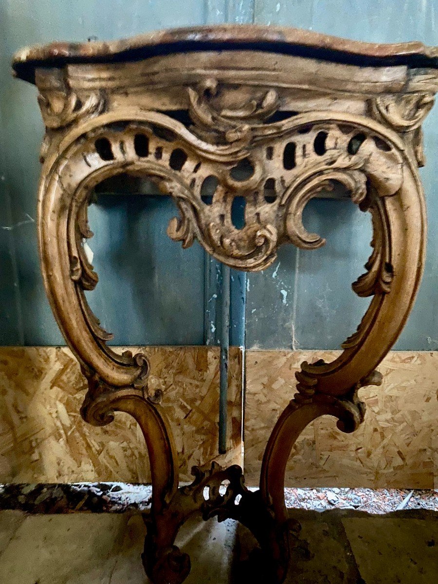 Gracieuse Console d'Applique En Bois Naturel Et Plateau Marbre Feint. Epoque Louis XV. Mi XVIII-photo-3