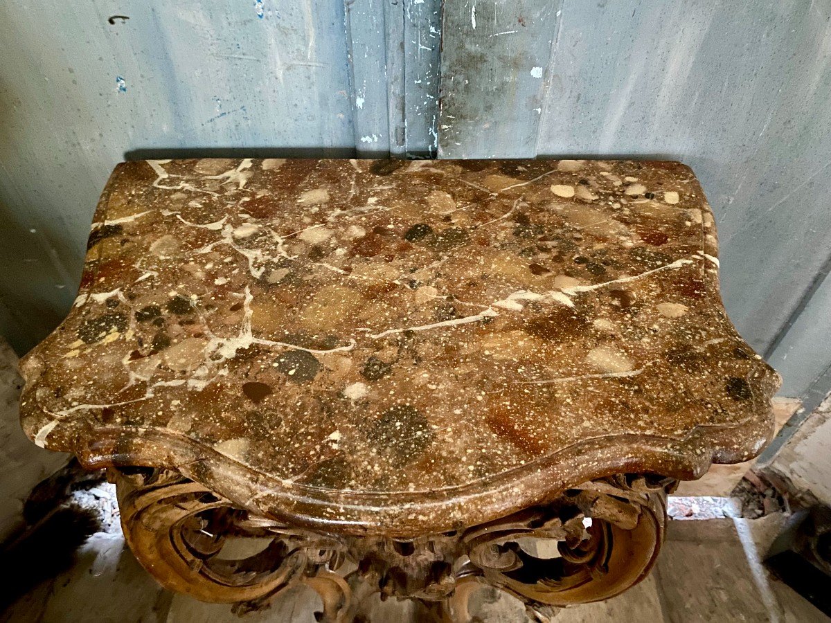 Gracieuse Console d'Applique En Bois Naturel Et Plateau Marbre Feint. Epoque Louis XV. Mi XVIII-photo-4