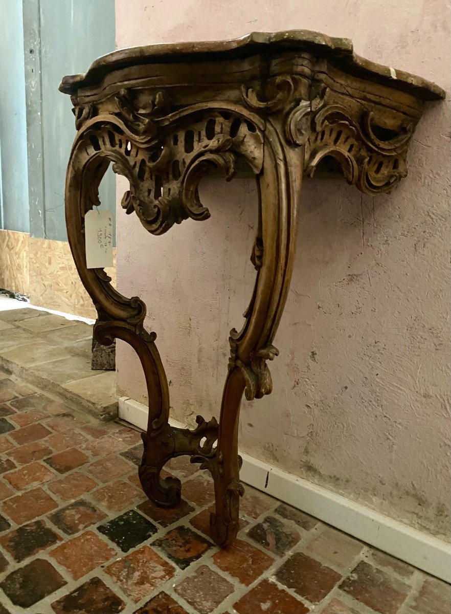 Gracieuse Console d'Applique En Bois Naturel Et Plateau Marbre Feint. Epoque Louis XV. Mi XVIII-photo-3