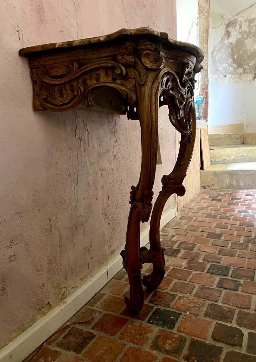 Gracieuse Console d'Applique En Bois Naturel Et Plateau Marbre Feint. Epoque Louis XV. Mi XVIII-photo-4