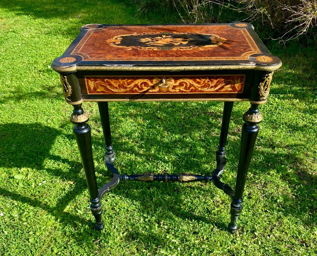 Lovely Working Table From The Napoleon III Period. Blackened Pear Tree. Maple And Marquetry. XIX-photo-3