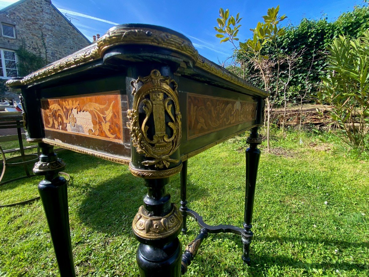 Lovely Working Table From The Napoleon III Period. Blackened Pear Tree. Maple And Marquetry. XIX-photo-3