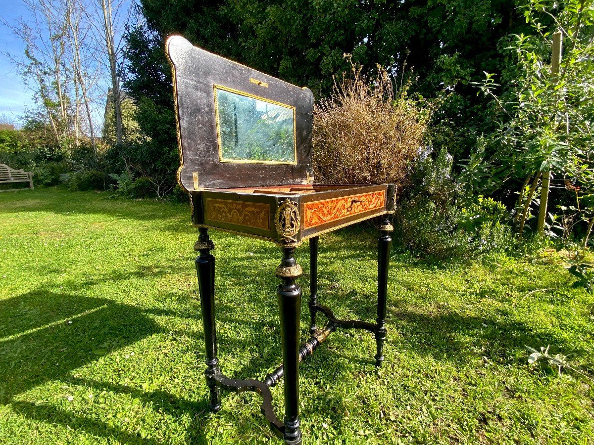 Lovely Working Table From The Napoleon III Period. Blackened Pear Tree. Maple And Marquetry. XIX-photo-5