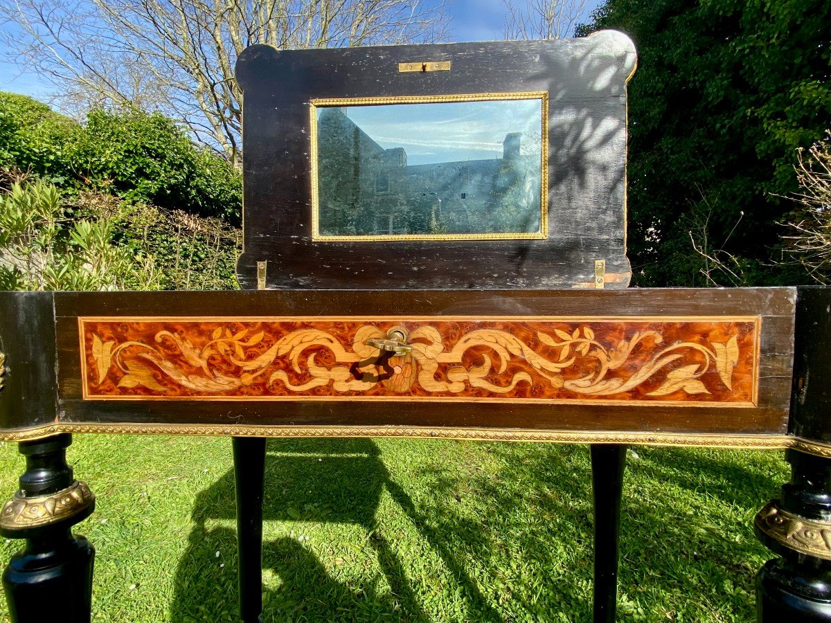 Lovely Working Table From The Napoleon III Period. Blackened Pear Tree. Maple And Marquetry. XIX-photo-6