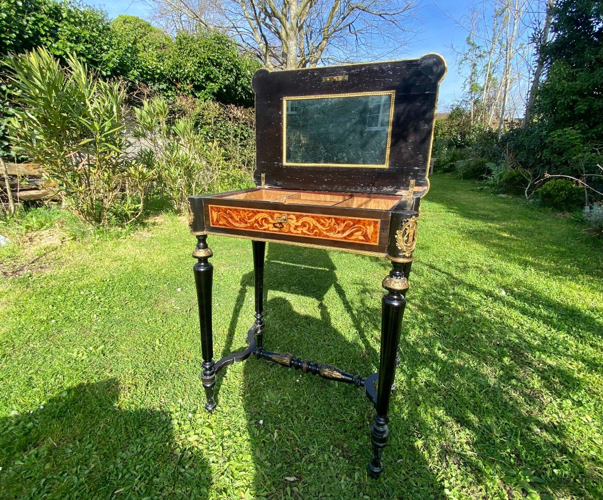 Lovely Working Table From The Napoleon III Period. Blackened Pear Tree. Maple And Marquetry. XIX-photo-7