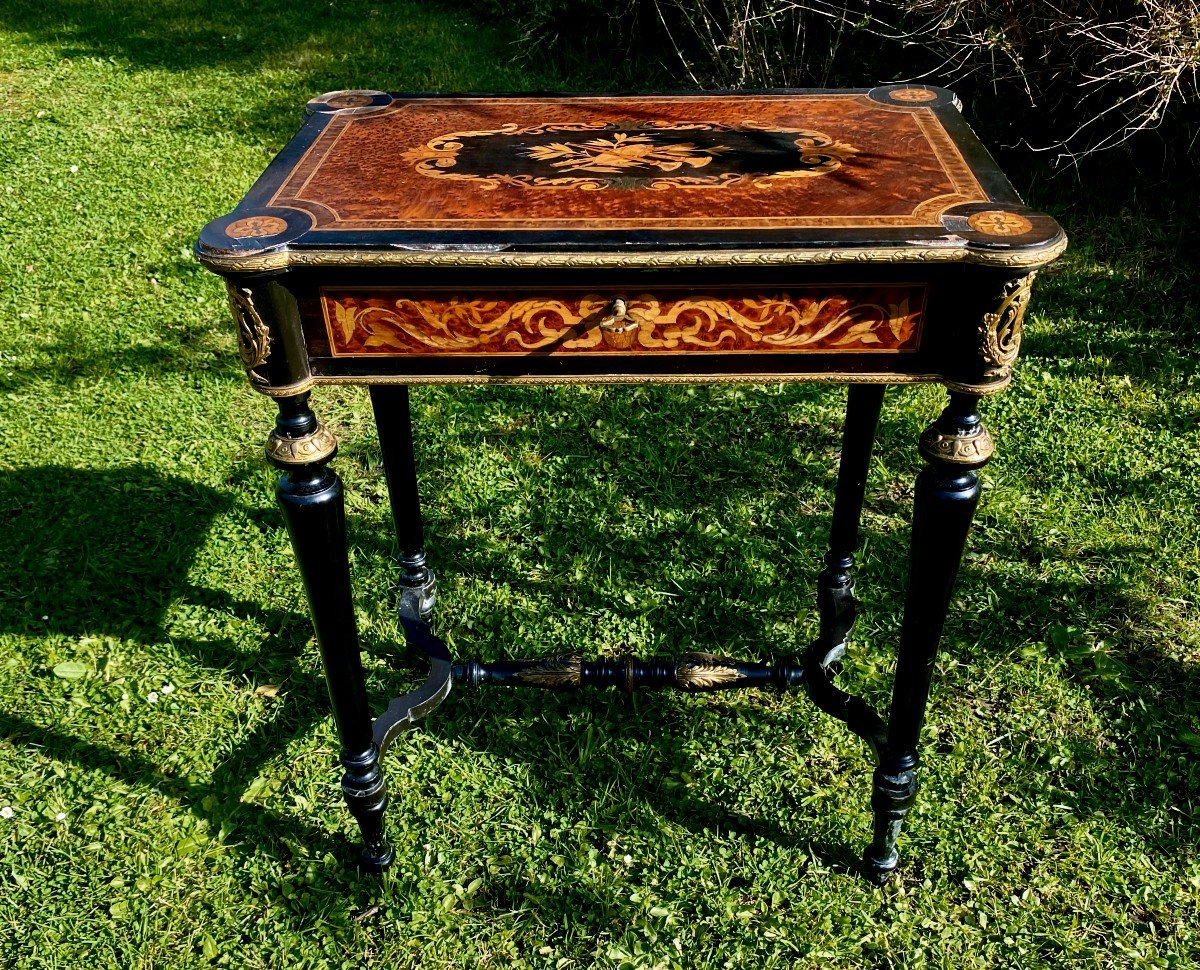 Lovely Working Table From The Napoleon III Period. Blackened Pear Tree. Maple And Marquetry. XIX-photo-8