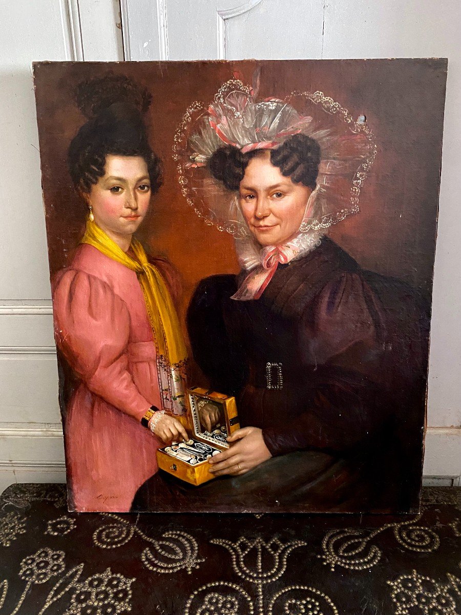 Grande Huile Sur Toile : Mme Briollet Et Sa Fille. Signature d'Etienne Dupuis. 1836. XIX E S.-photo-3