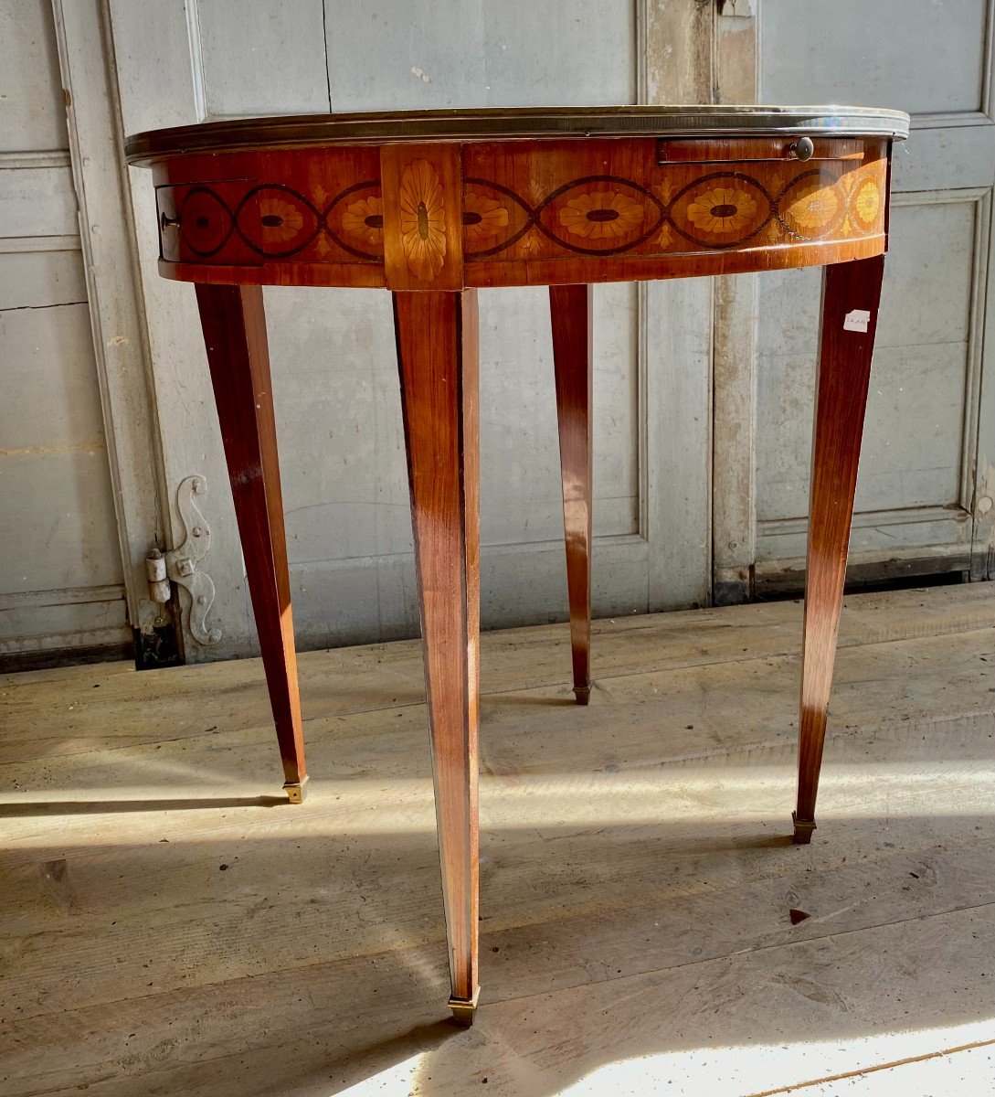 Table Bouillotte En Marqueterie Et Plateau De Marbre . De Style Louis XVI. XIX E Siècle. -photo-4
