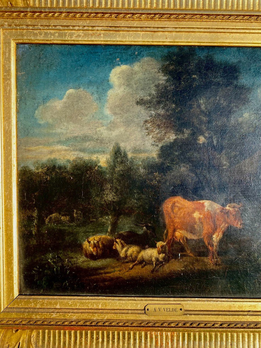 Beautiful Country Oil Signed Adriaen Van De Velde. Dutch School. Channel Frame. 17th Century -photo-2