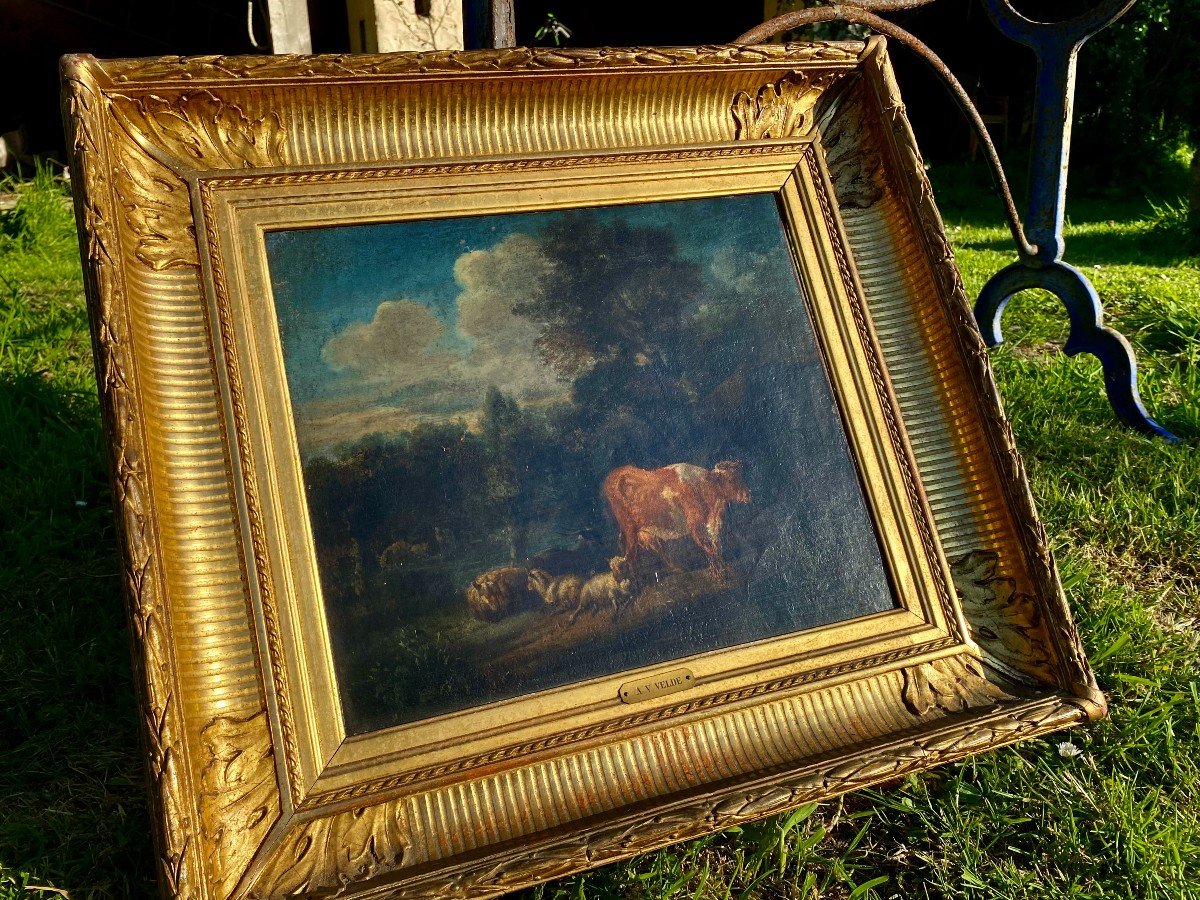 Beautiful Country Oil Signed Adriaen Van De Velde. Dutch School. Channel Frame. 17th Century -photo-2