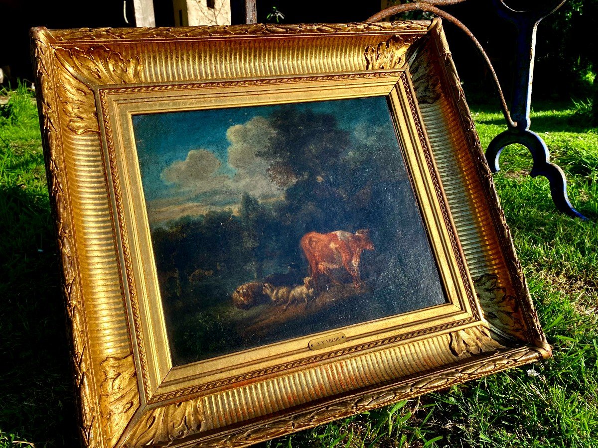 Beautiful Country Oil Signed Adriaen Van De Velde. Dutch School. Channel Frame. 17th Century 