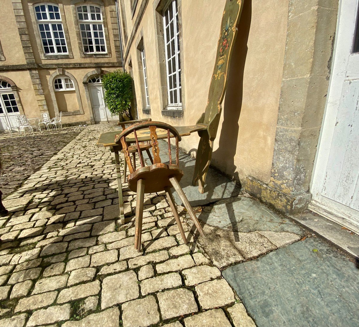 Unusual Table From Queyras (hautes-alpes) And Its Two Chairs. Painted Wood. Late 19th Century-photo-4
