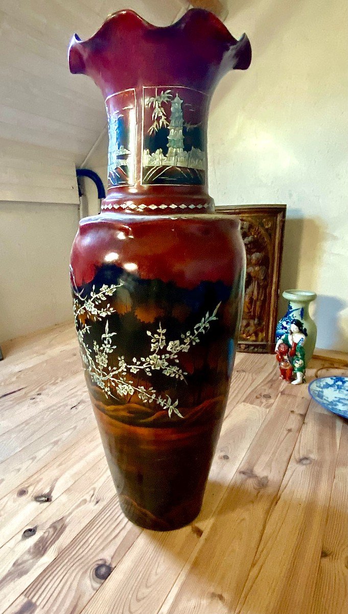 Important Chinese Type Vase. Monsoon Bridge. 19th Century. Boiled Cardboard, Mother-of-pearl And Marquetry.-photo-3