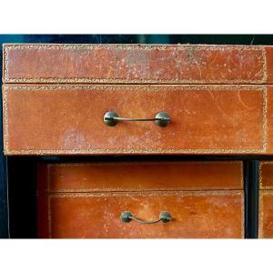 Cardboard Maker Forming A Desk. Blackened Pear Wood And Cognac Leather "moroccan Type". End Of The 19th Century.