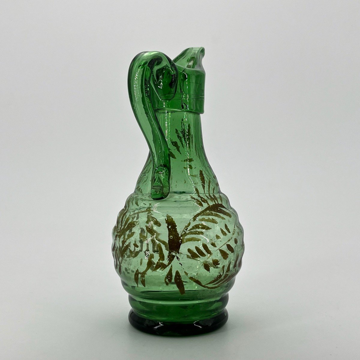 Norman Cider Pitcher In Green Tinted Blown Glass Painted Decor, Bresle Valley, Early. 19th Century-photo-2