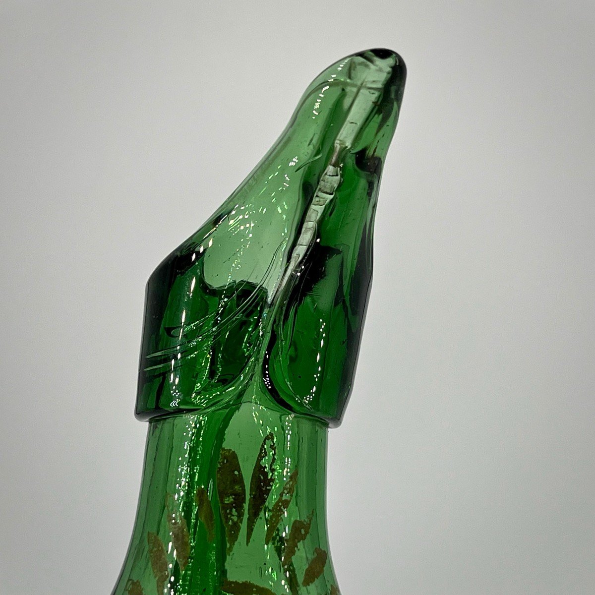 Norman Cider Pitcher In Green Tinted Blown Glass Painted Decor, Bresle Valley, Early. 19th Century-photo-5