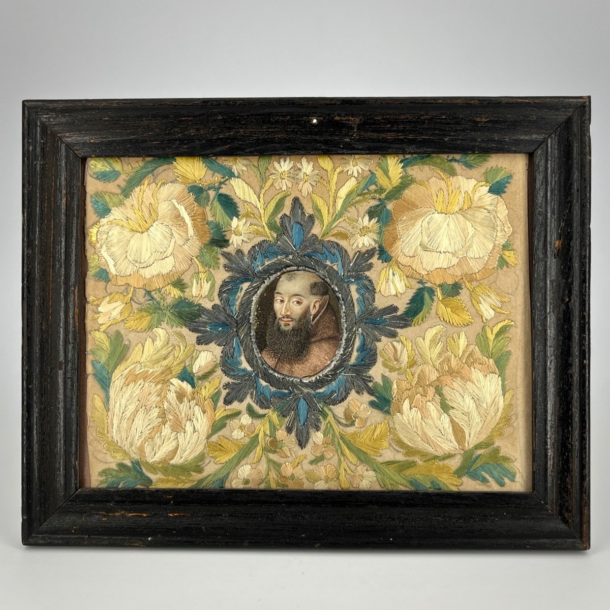 Ex Voto, Figure Of Saint In An Embroidery Surround From The 18th Century, Old Frame