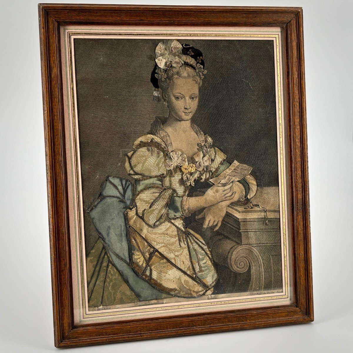 Gravure habillée XVIIIe jeune femme à la lettre Jean Baptiste de Poilly 18e-photo-5