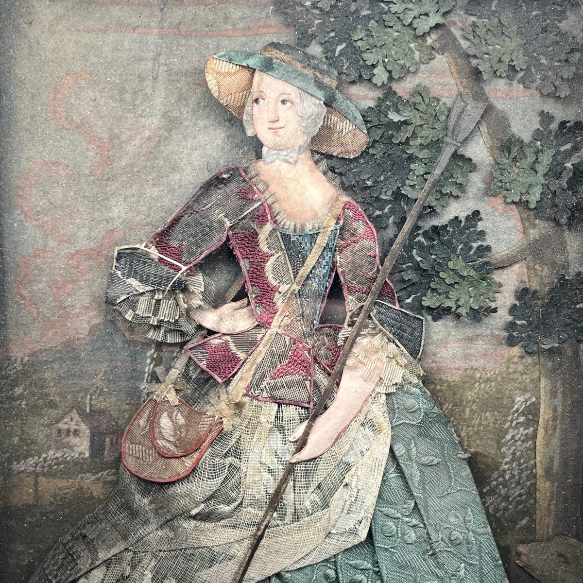 Shepherdess And Her Sheep, Composition In Fabric And Gouache 18th Century 18th-photo-4