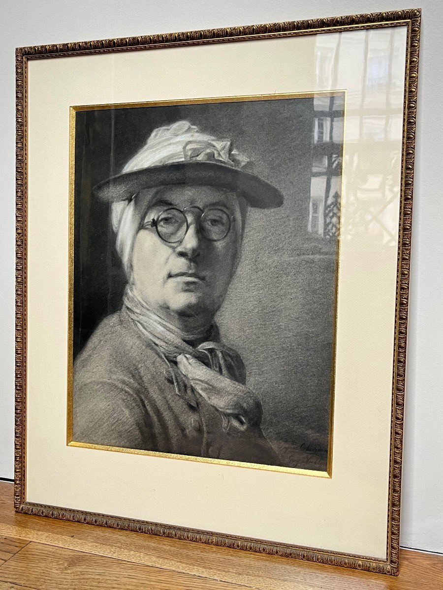 Self-portrait With Glasses After Chardin, Large Framed Charcoal Drawing, Signed Gay Vullen (?)-photo-2