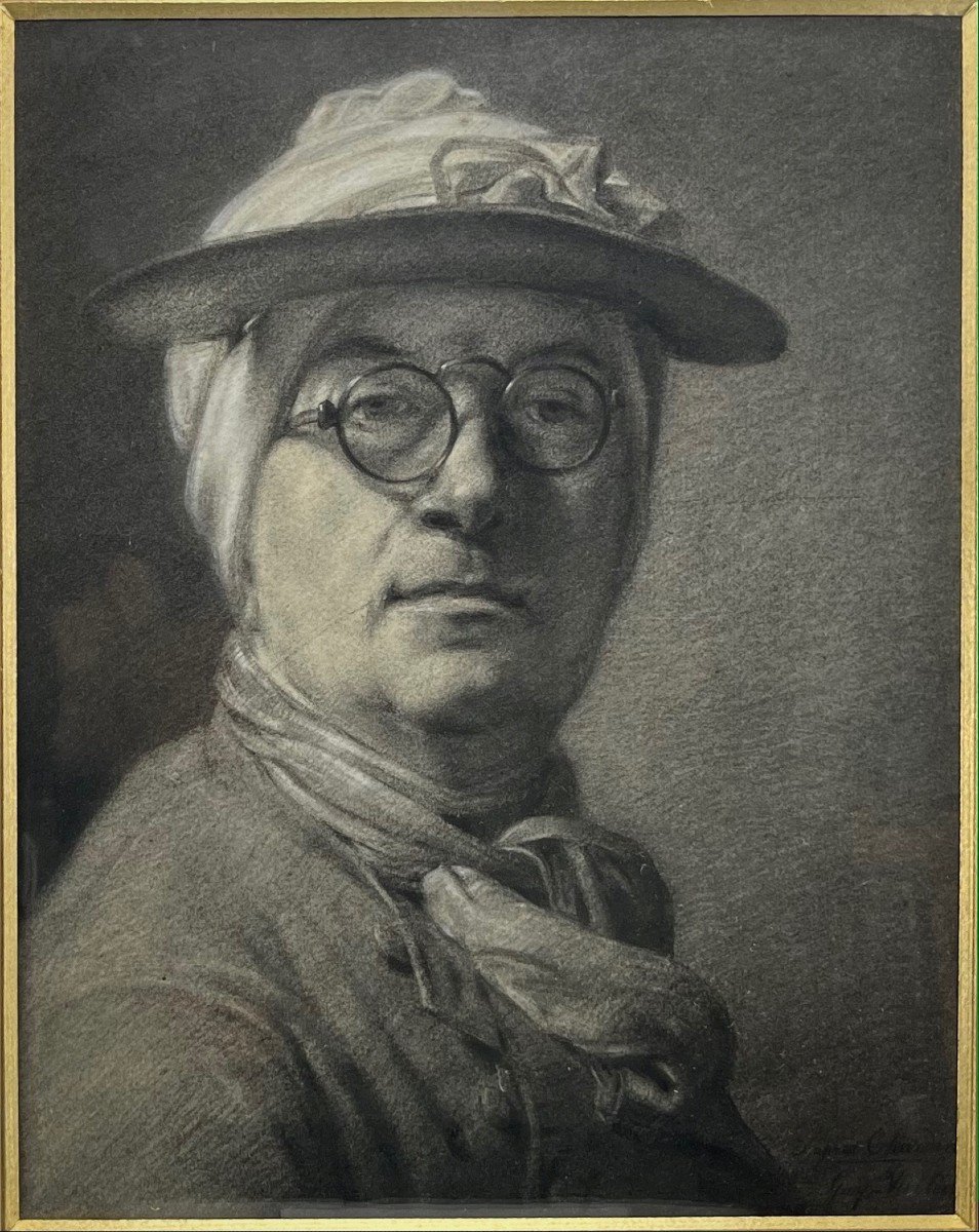 Self-portrait With Glasses After Chardin, Large Framed Charcoal Drawing, Signed Gay Vullen (?)