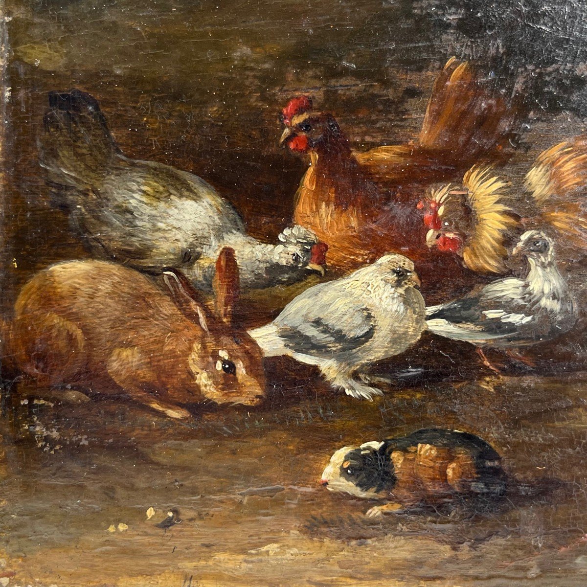 Oil On Panel, 19th Century School Animals In The Farmyard Animal Painting 19th Century-photo-2