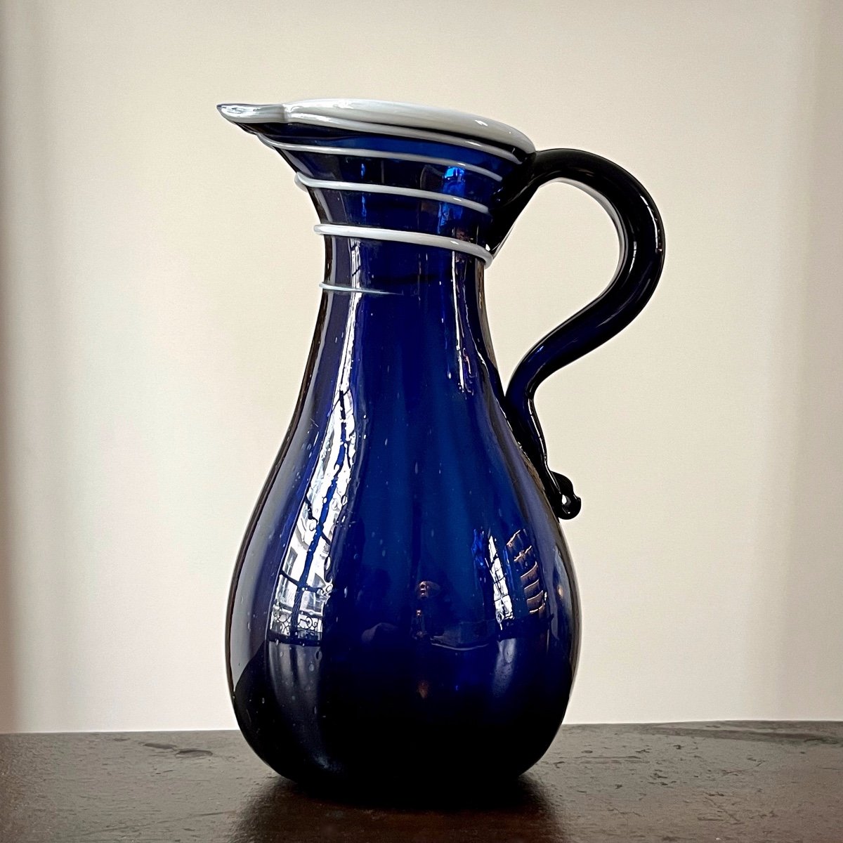 Norman Pitcher In Cobalt Blue Glass Decorated With White Threads 18th Century Normandy 18th