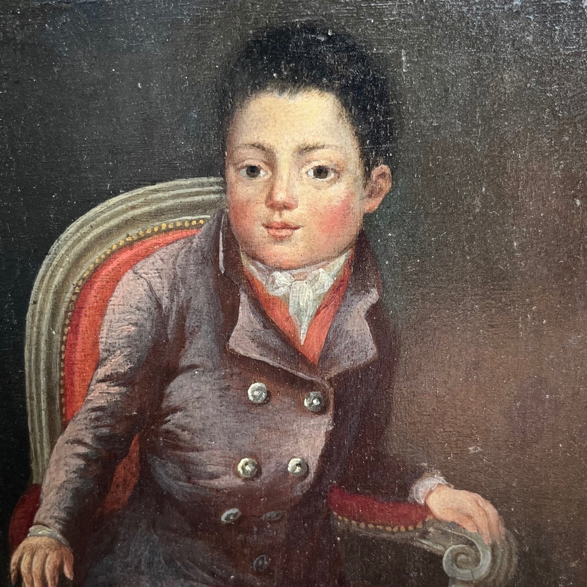 Portrait Of A Boy In An Armchair, Oil On Panel From The 19th Century-photo-3