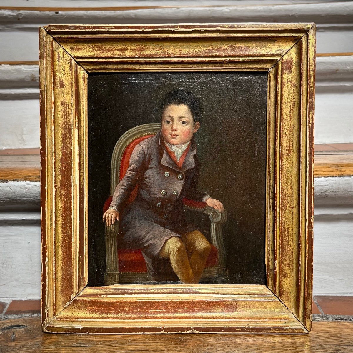 Portrait Of A Boy In An Armchair, Oil On Panel From The 19th Century-photo-4