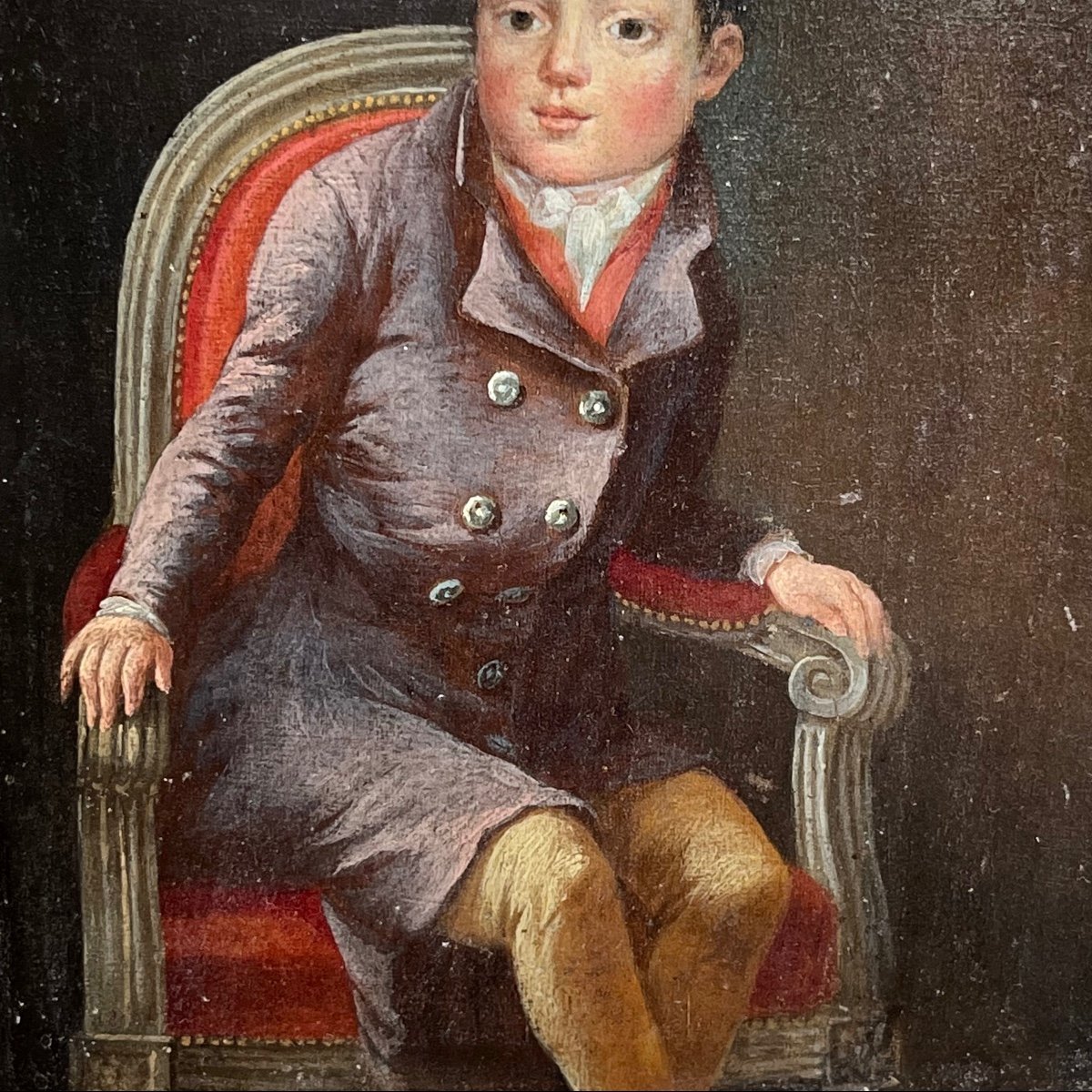 Portrait Of A Boy In An Armchair, Oil On Panel From The 19th Century-photo-2