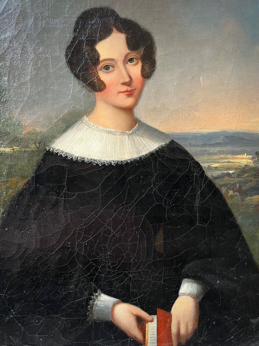 Portrait de femme au livre, école romantique vers 1830 - 1840, huile sur toile XIXe siècle-photo-2