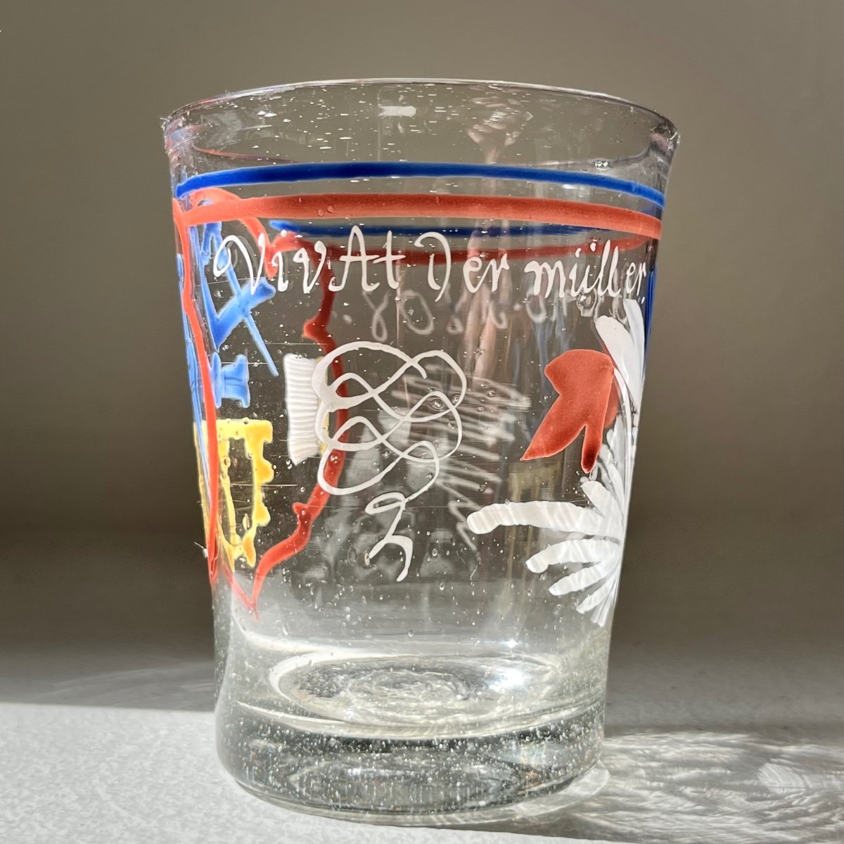 Companion Goblet In Enameled Blown Glass Dated 1808 "long Live The Meunier" 19th Century Popula-photo-2
