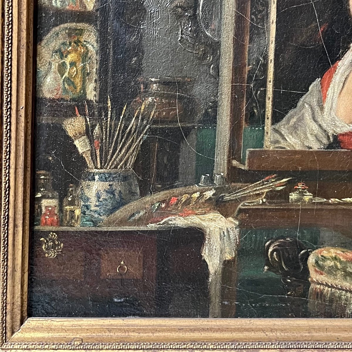 L'atelier du peintre, huile sur toile XIXe siècle scène d'intérieur baroque XVIIe Hals-photo-1