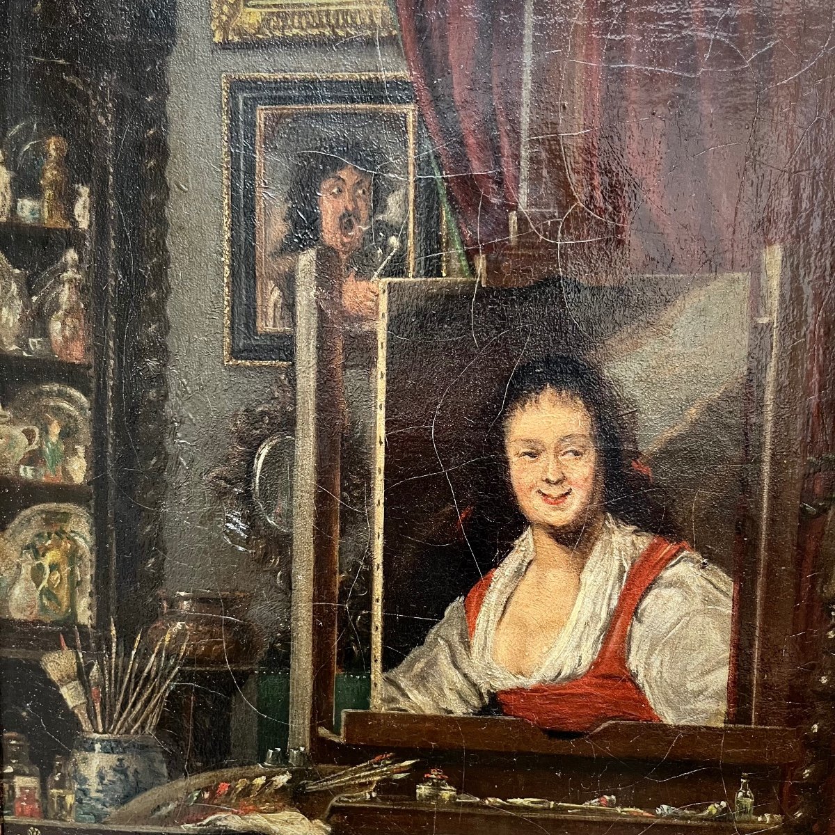 L'atelier du peintre, huile sur toile XIXe siècle scène d'intérieur baroque XVIIe Hals-photo-2