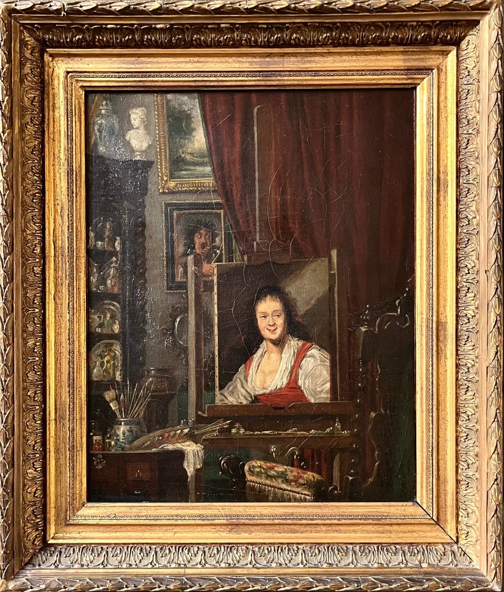 L'atelier du peintre, huile sur toile XIXe siècle scène d'intérieur baroque XVIIe Hals