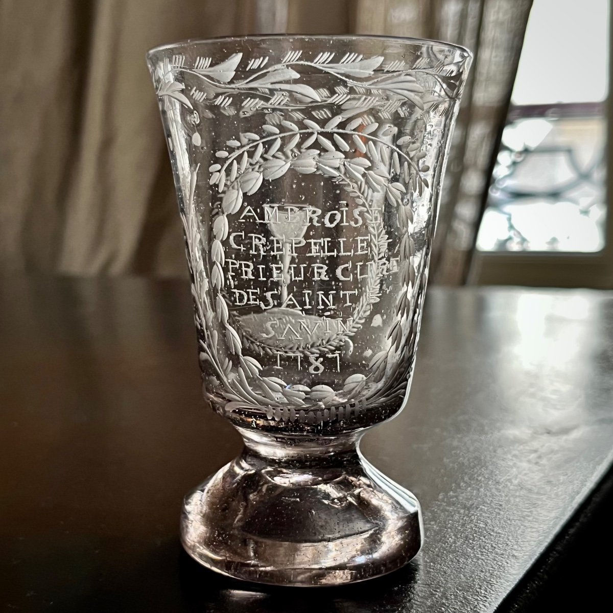 Verre calice patronymique daté 1787 d'Ambroise Crepelle soufflé et gravé XVIIIe siècle 18e-photo-3