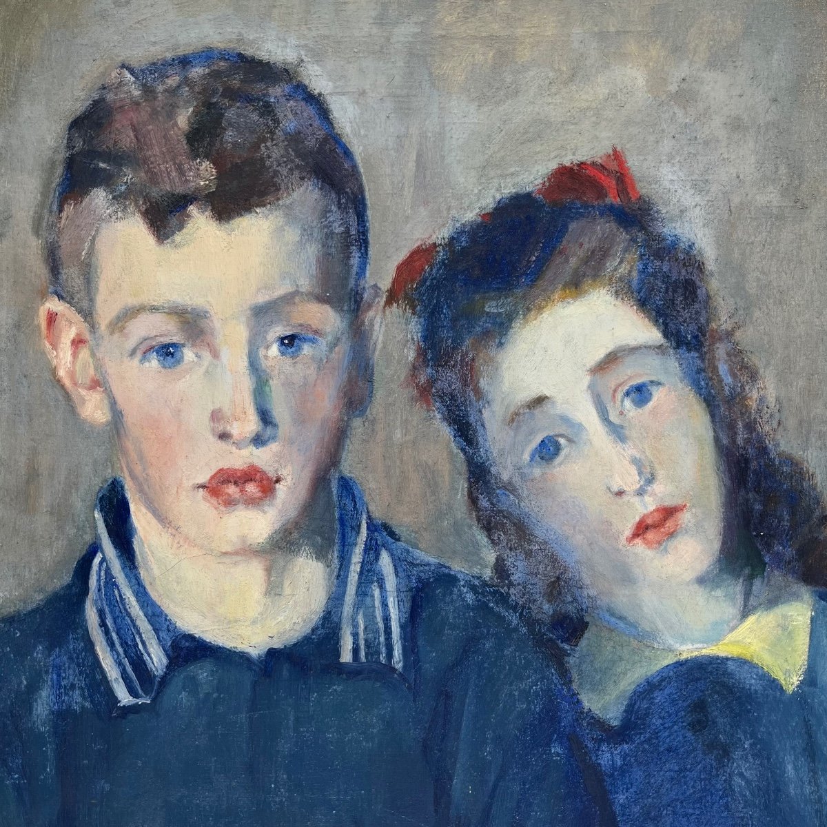 Portrait Of Children Brother And Sister, Oil On Canvas From 1936 By Nicolaas Pieneman (1880 - 1938)-photo-3