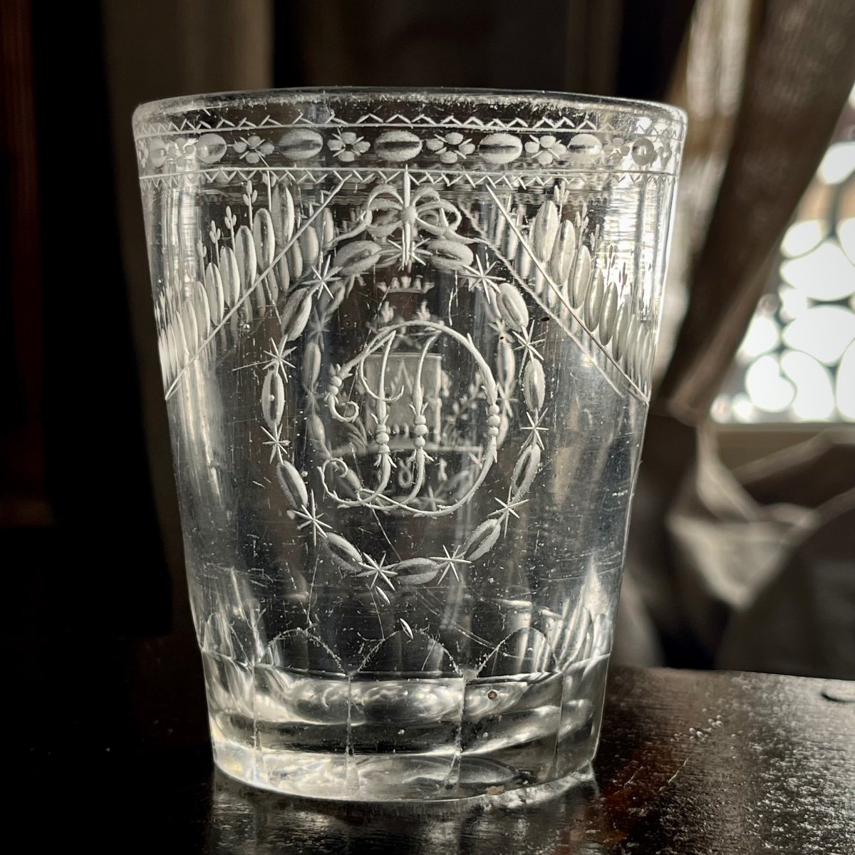 Glass Goblet Dated 1786 With Engraved Decor Of Burning Hearts Wedding Glass 18th Century -photo-3
