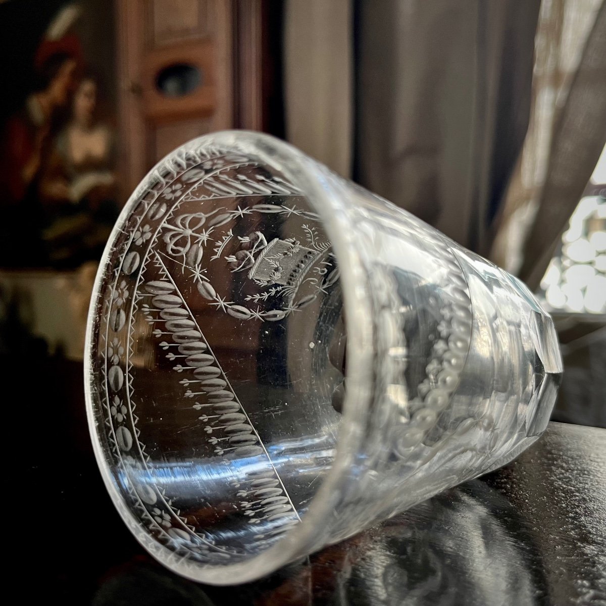 Glass Goblet Dated 1786 With Engraved Decor Of Burning Hearts Wedding Glass 18th Century -photo-3