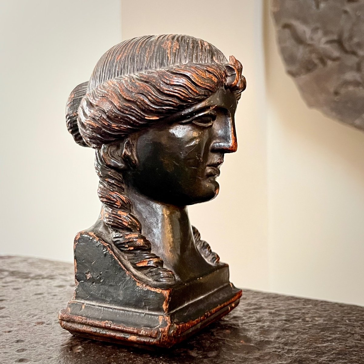 Carved Wooden Statuette Caryatid Face In Profile Greek / Antique Style 19th Century 19th-photo-2