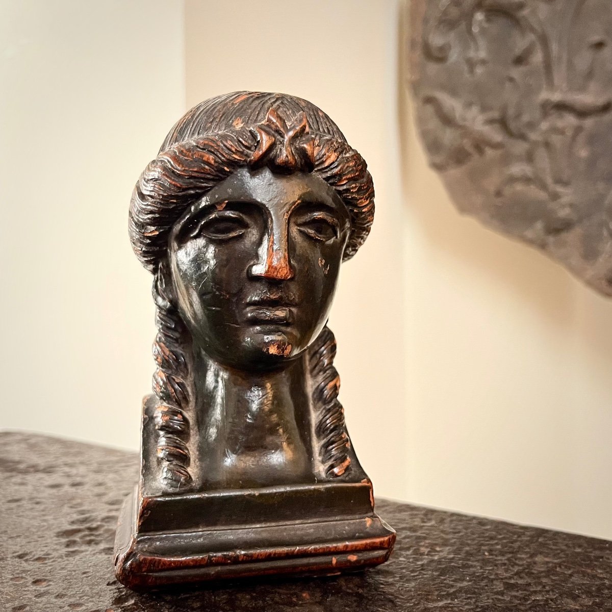 Carved Wooden Statuette Caryatid Face In Profile Greek / Antique Style 19th Century 19th-photo-4