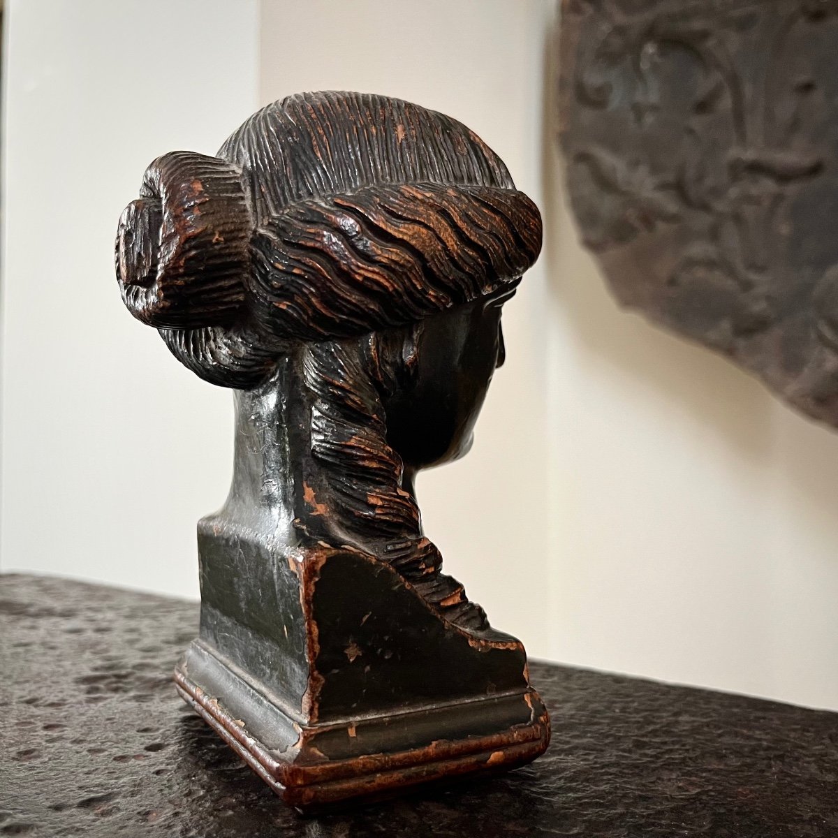 Carved Wooden Statuette Caryatid Face In Profile Greek / Antique Style 19th Century 19th-photo-3