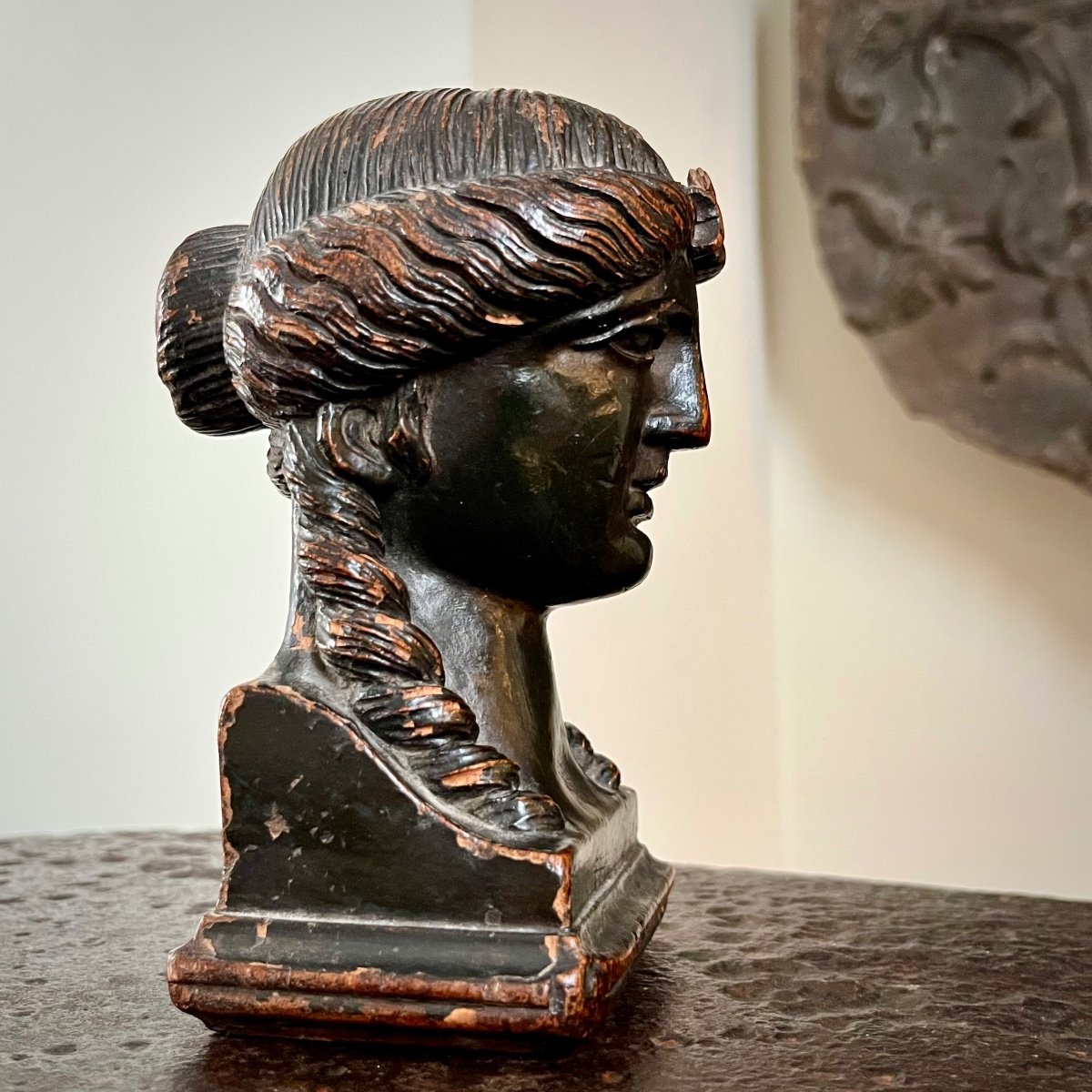 Carved Wooden Statuette Caryatid Face In Profile Greek / Antique Style 19th Century 19th-photo-8