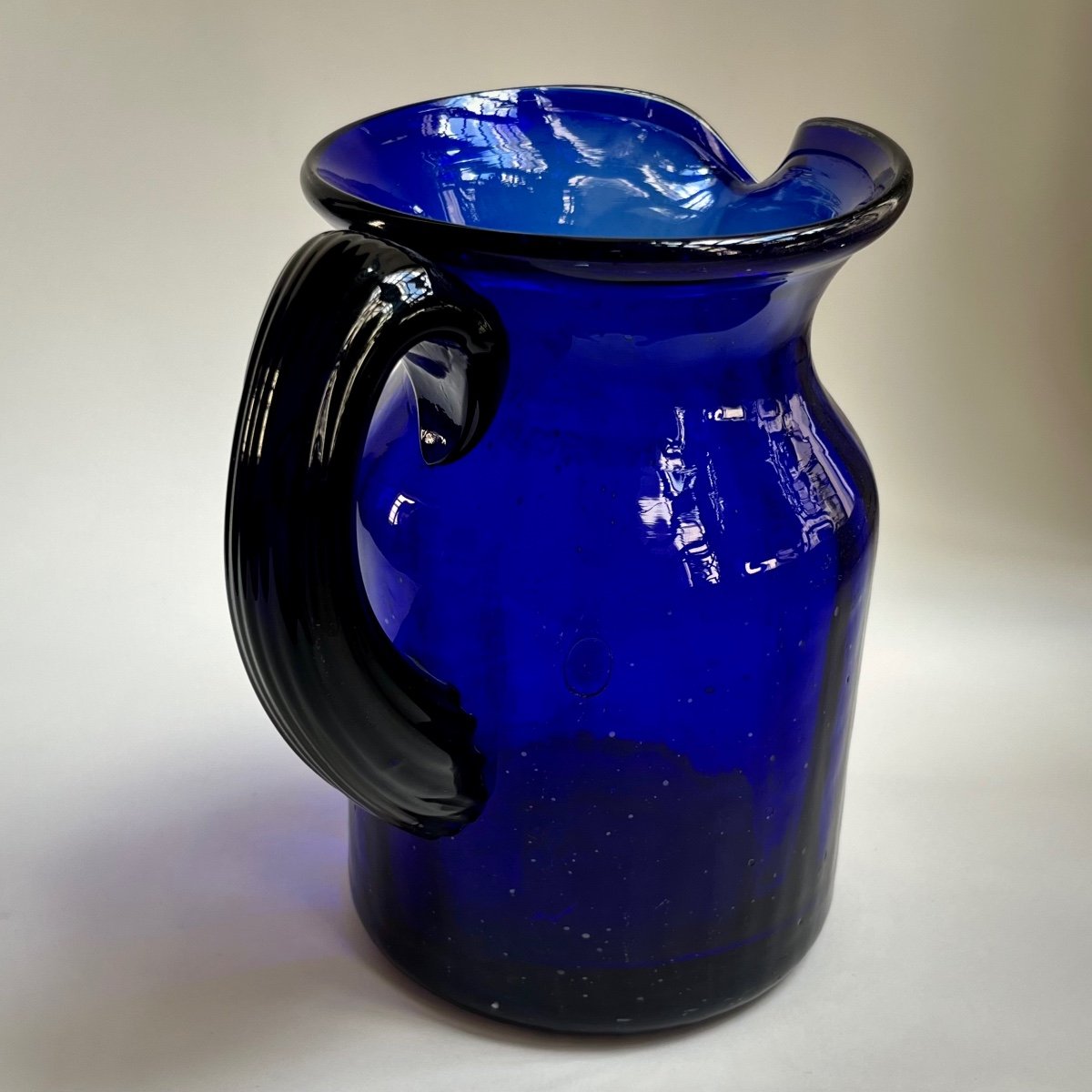 Large Normandy Blue Blown Glass Pitcher (?) 18th Century - 19th Century Jug Popular Art 19th-photo-4