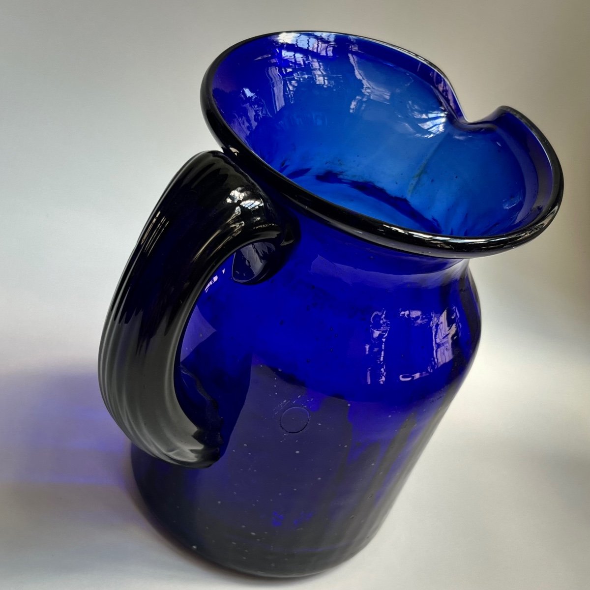 Large Normandy Blue Blown Glass Pitcher (?) 18th Century - 19th Century Jug Popular Art 19th-photo-3