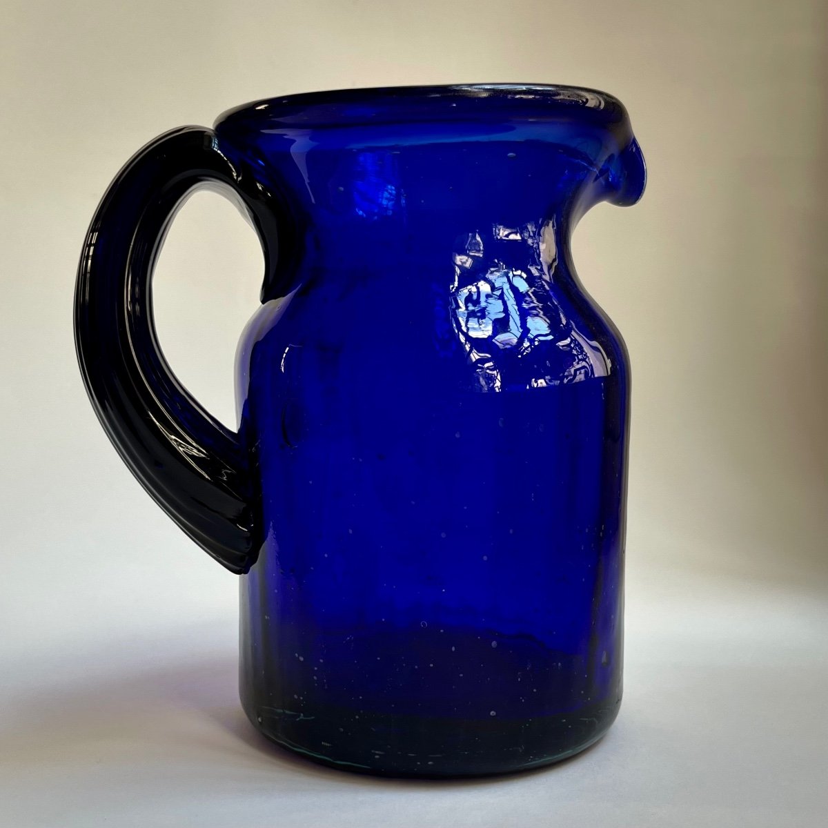 Large Normandy Blue Blown Glass Pitcher (?) 18th Century - 19th Century Jug Popular Art 19th-photo-8