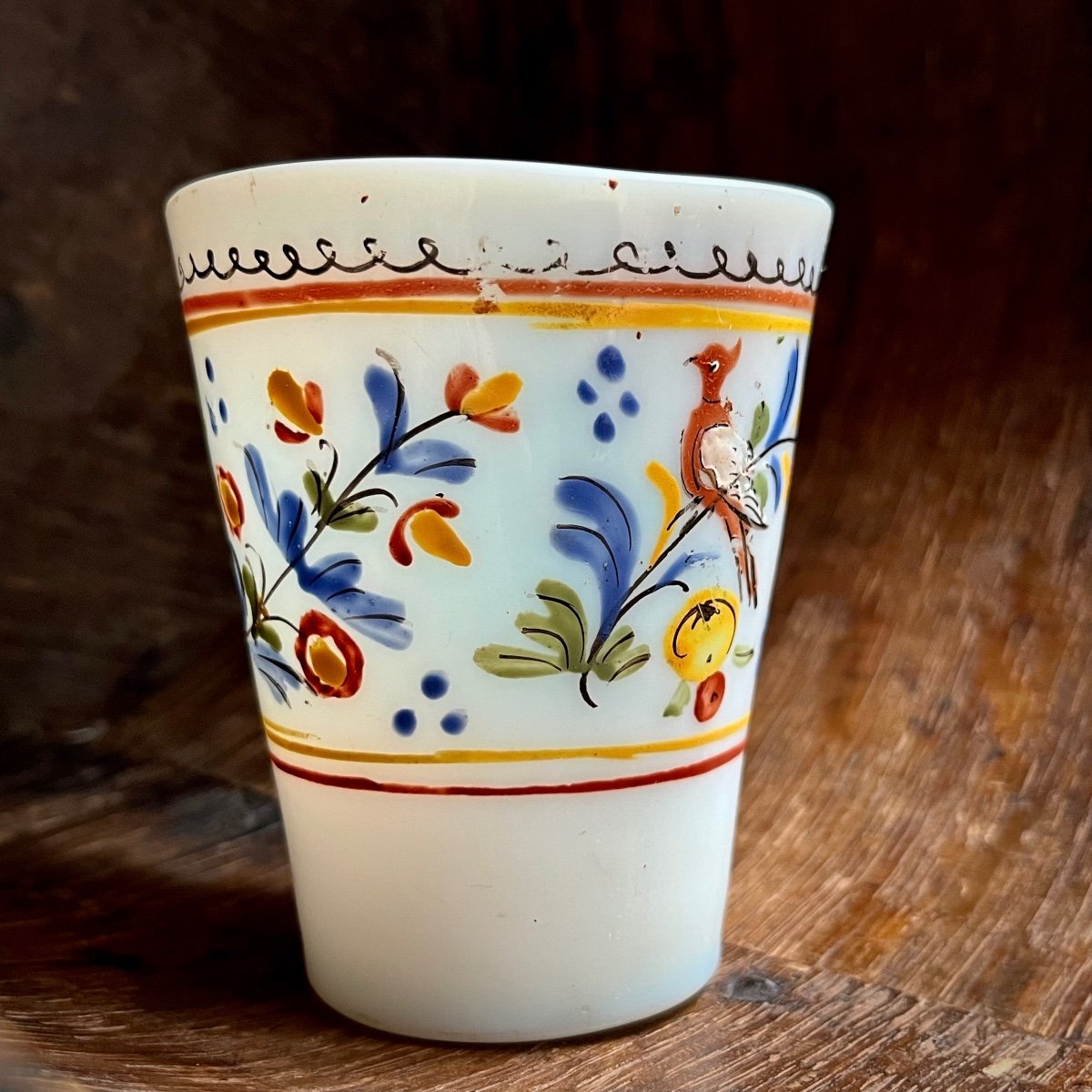 Opaline Glass Goblet With Enameled Decoration Of Birds And Flowers, Alsace 18th Century 18th-photo-7